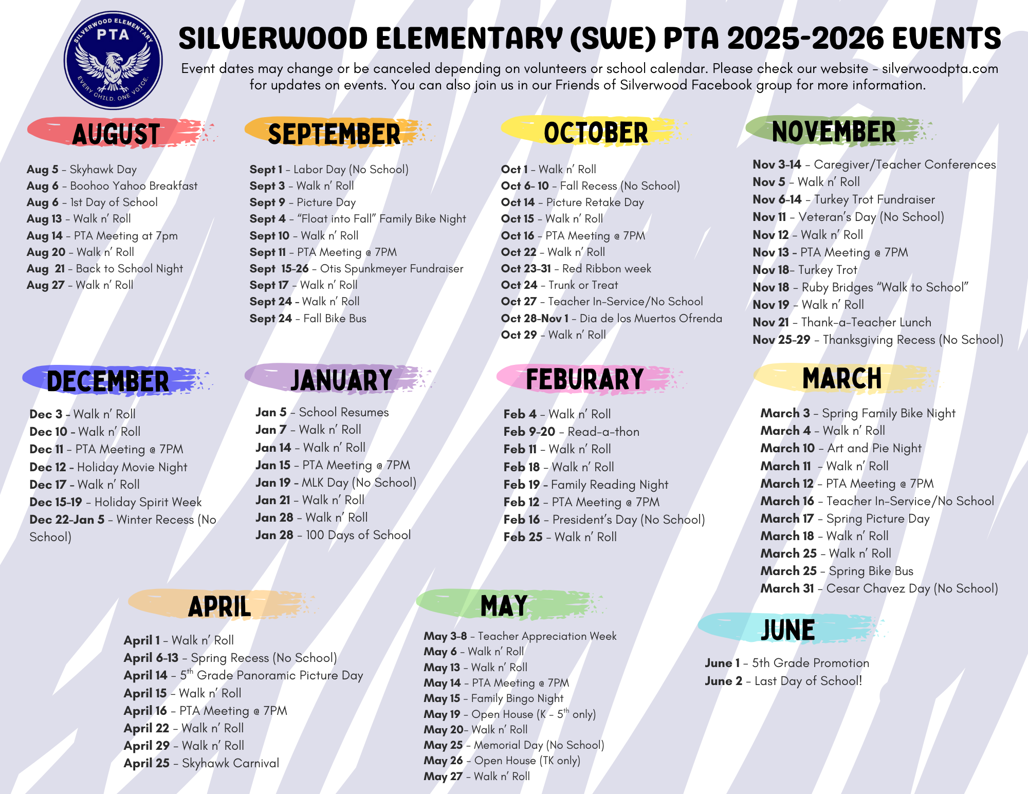 Calendar of Events – Silverwood Elementary PTA